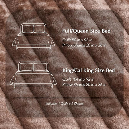 EVERGRACE Velvet Quilt Set Full Queen Size, Luxurious Soft Striped Channel Bedding Set, Lightweight Velvet Comforter for All Season, Oversized Bedspread Coverlet with 2 Matching Shams, Terracotta Clay