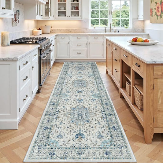 Area Rugs 2'x7' Washable Non-Slip, Floral Vintage Distress Print Pattern Medallion Carpet for Living Room Bedroom Dining Room, Light Blue Navy Beige Gray White