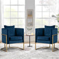 Velvet Accent Chairs Set of 2, Mid Century Modern Upholstered Armchair with Pillow for Living Room, Comfy Barrel Single Vanity Chair with Metal Gold Legs for Bedroom, Blue