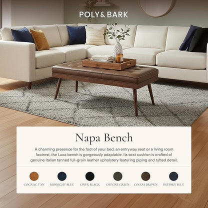 Poly & BARK 55" Tufted Leather Bed Bench for Bedroom End of Bed - Living Room Entry Way Bench - Pure Italian Leather Upholstery with a Solid Wood Frame - Ottoman Bench with Wooden Legs - Cocoa Brown