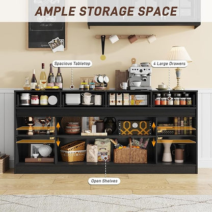 70” Large Long Buffet Sideboard Cabinet w/4 Drawer,Farmhouse Buffet Storage Cabinet,Sliding Door,Buffet Coffee Bar Cabinet, Credenza for Living Room,Black