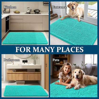 OLANLY Dog Door Mat for Muddy Paws 44x24, Absorbs Moisture and Dirt, Absorbent Non-Slip Washable Doormat, Quick Dry Chenille Mud Mat for Dogs, Entry Indoor Entryway Carpet for Inside Floor, Teal