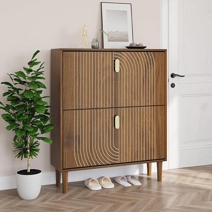 Smuxee Shoe Cabinet with 2 Flip Drawers, 31.5" Walnut Hidden Shoe Storage Cabinet with Line Groove Design, Freestanding Shoe Organizer Cabinet for Hallway, Entryway, Living Room