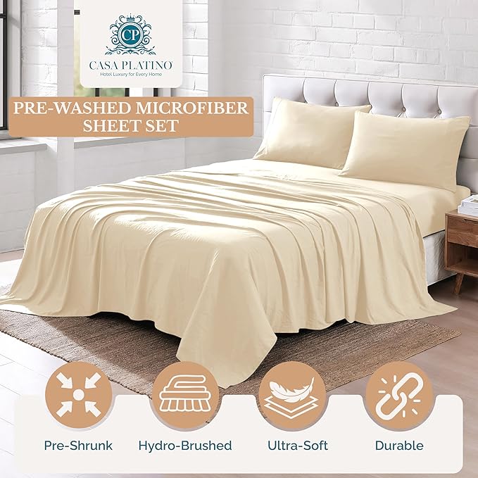 Casa Platino Full Size Sheets, 4 Piece Set (Flat, Fitted and 2 Pillowcases), Pre-Washed Ultra Soft Bed Set, Fade Resistant Full Bed Sheet Set, Cozy Set with Deep Pockets – Ivory