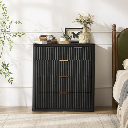 LEYAOYAO Fluted 5 Drawers Dresser for Bedroom Set of 2, 34" Tall Modern Chest of Drawers with Metal Handle, Curved Profile Design,Black Wood Drawer Organizer for Bedroom, Living Room, Hallway