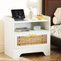 24" Rattan Nightstand with Storage Drawer, White Bedside Table with Semi Open Cubby, Boho Night Stand with Farmhouse Arched Base for Bedroom, Side Table, End Table for Dorm