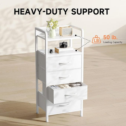 Night Stand Bedside Charger Bedroom - Nightstand with Charging Station, 2 U-S-B Ports & 2 AC Outlets, Tall Bed Side Table with LED Light Strip, Storage Shelf & 4 Fabric Drawers, White