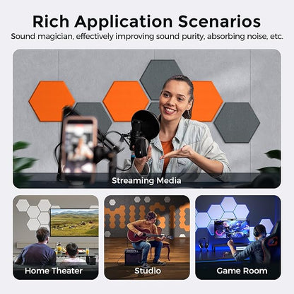 Self-Adhesive Acoustic Panels [390 lbs/yd³ Ultra-High Density], 2nd Generation Sound Absorbing Panel, Professional Level Sound Panel, Polyester Soundproof Foam [Size M, Orange & Moon Grey]