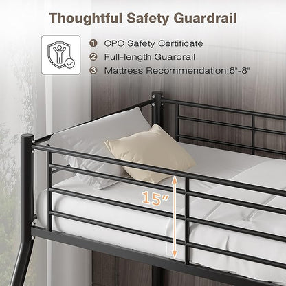 VECELO Bunk Bed Twin Over Full, Metal Bunkbeds with Ladder and Full-Length Guardrail, No Box Spring Needed, Space Saving, Noise Free, Matte Black