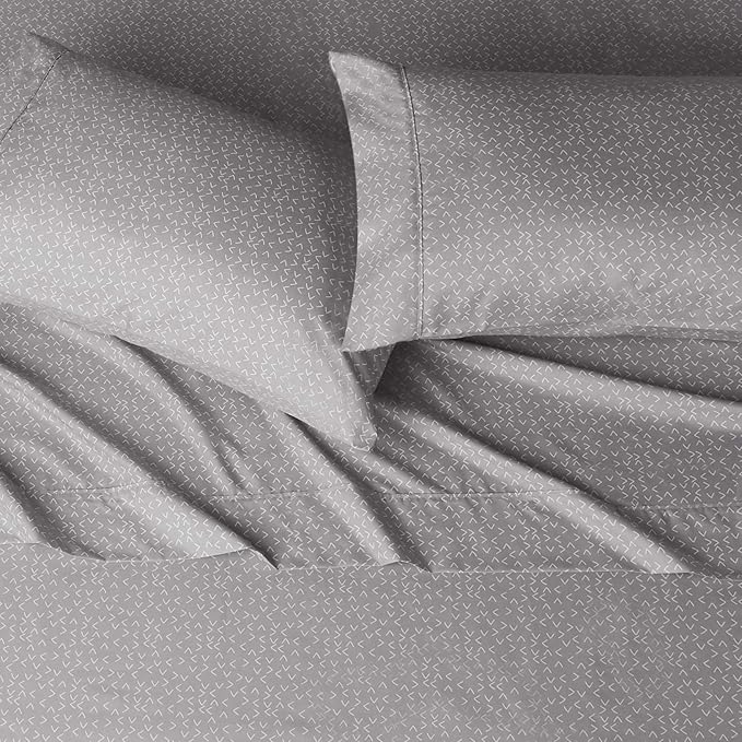 Amazon Basics Lightweight Super Soft Easy Care Microfiber 4 Piece Bed Sheet Set With 14-inch Deep Pockets - King, Grey Arrows,Printed