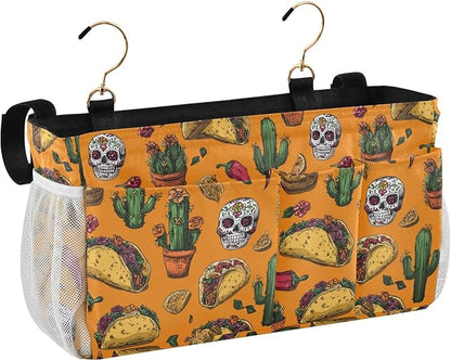 Bedside Caddy Hanging Bunk Bed Caddy Bed Organizer Hanging Pocket with 2 Hooks Bedside Storage Organizer Pocket Bag Holder Orange Mexico Tacos Chilis Skulls