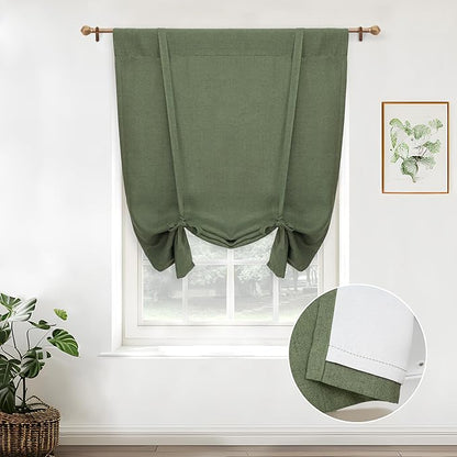 DriftAway Double Layer Linen Blackout Tie Up Curtains Thermal Insulated Fully Lined Balloon Roman Shade Bathroom Window Adjustable Rod Pocket for Small Window 25 Inch by 47 Inch Olive Green