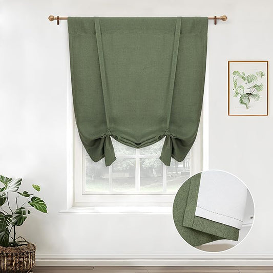 DriftAway Double Layer Linen Blackout Tie Up Curtains Thermal Insulated Fully Lined Balloon Roman Shade Bathroom Window Adjustable Rod Pocket for Small Window 25 Inch by 47 Inch Olive Green