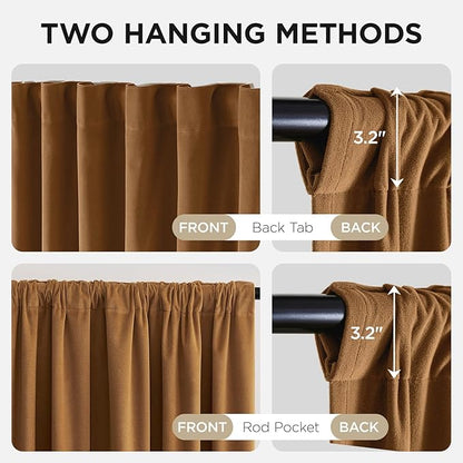 Joydeco Golden Brown 100% Blackout Curtains 96 Inch 2 Panels, Luxury Thermal Brown Velvet Curtains for Bedroom Living Room, Soundproof Blackout Window Drapes, Rod Pocket & Back Tab (52W x 96L)