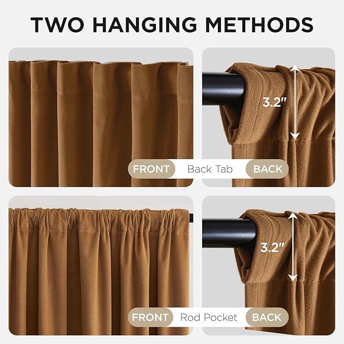 Joydeco Golden Brown 100% Blackout Curtains 108 Inch 2 Panels, Luxury Thermal Brown Velvet Curtains for Bedroom Living Room, Soundproof Blackout Window Drapes, Rod Pocket & Back Tab (52W x 108L)