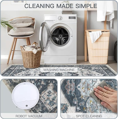 3x5 Vintage Washable Area Rug for Living Room,Low Pile Non Slip Carpet Non-Shedding Small Area Rug Soft Indoor Stain Resistant Rug Floral Print Mat for Bedroom Dining Room Blue Beige