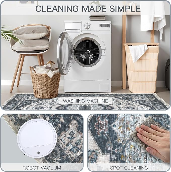 8x10 Vintage Washable Area Rug for Living Room,Low Pile Non Slip Carpet Non-Shedding Large Area Rug Soft Indoor Stain Resistant Rug Floral Print Mat for Bedroom Dining Room Blue Beige