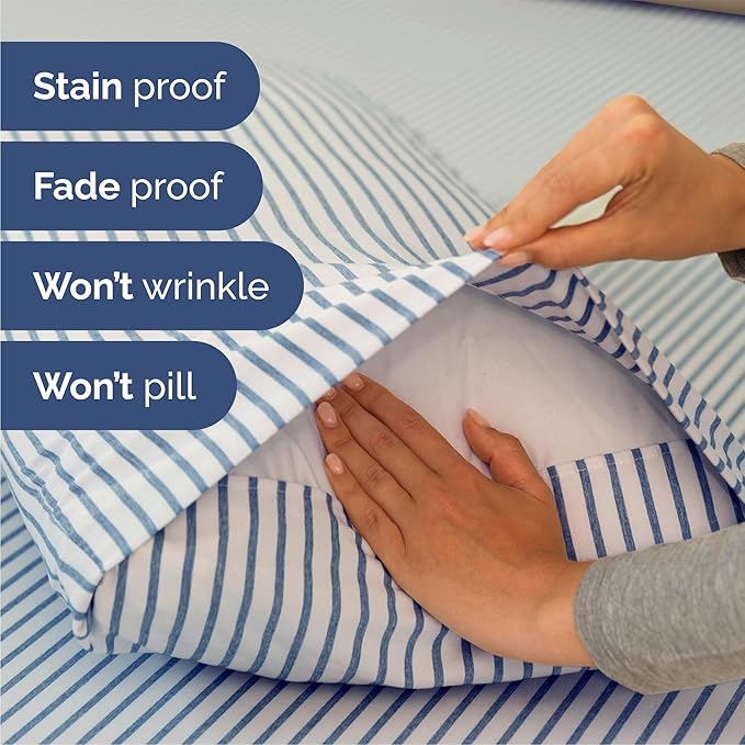 Queen 6 Piece Sheet Set - Cooling, Comfy & Breathable - Hotel Luxury Bedding, Includes Fitted Sheet for Women, Men, Kids & Teens - 1 Flat, 1 Fitted Sheet, 4 Pillowcases w/Deep Pockets - Blue Stripes
