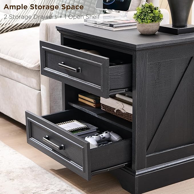 ACCOHOHO 24" Farmhouse Nightstand Set of 2 with Charging Station, 2 Drawers Large Bedside Table with Open Shelf, Rustic End Table for Bedroom - Black