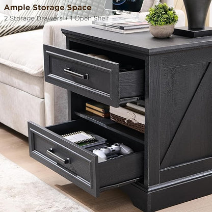ACCOHOHO 24" Farmhouse Nightstand Set of 2 with Charging Station, 2 Drawers Large Bedside Table with Open Shelf, Rustic End Table for Bedroom - Black