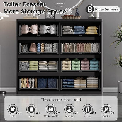 Black Dresser for Bedroom, 8 Drawers Double Fluted Dressers, Modern Chest of Drawers with Curved Profile, Handleless, Storage Closet Dressers for Bedroom, Living Room, Entryways