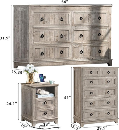 Bedroom Dresser and Nightstand Sets 4 Piece, Farmhouse 6 Drawers Dresser & 40.5" Tall Chest of Drawers,18" Nightstands with Charging Station,54" Wide Furniture Dressers for Bedroom,Living Room
