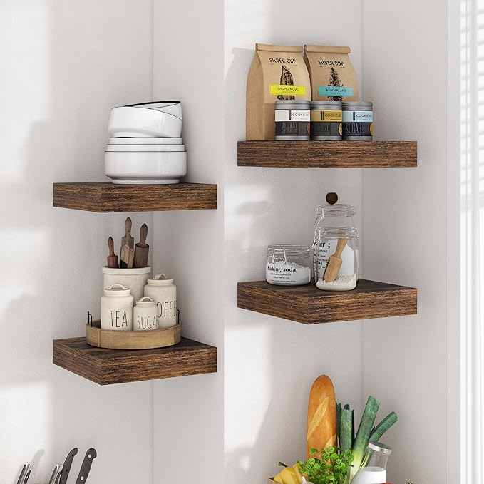 Axeman Square Floating Shelves for Wall, 8" W x 8" D x 1.4" H Rustic Wooden Wall Shelves, 4 Pack Wall Mounted Floating Shelf with Invisible Brackets for Living Room, Bathroom, Kitchen, Rustic Brown