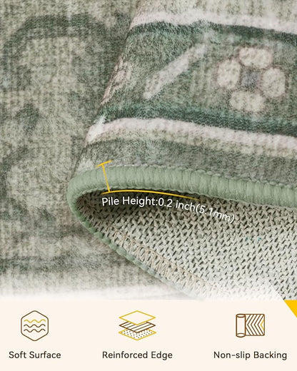 Area Rugs 8'x10' Washable Non-Slip, Floral Vintage Distress Print Pattern Medallion Carpet for Living Room Bedroom Dining Room, Dark Green Gray