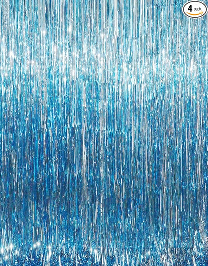 GOER 3.2 ft x 8.2 ft Metallic Tinsel Foil Fringe Curtains Party Photo Backdrop Party Streamers for Birthday,Graduation,New Year Eve Decorations Wedding Decor (4 Packs,Blue)