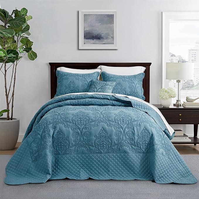 CHIXIN Bedspread Coverlet Set Queen Size - Lightweight Bedding Cover - Beautiful Stitching - 5 Piece Reversible Bedspread - Luxury Damask Paisley Pattern (Queen, Lagoon)