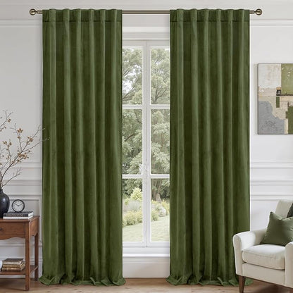 LAMIT Sage Green Velvet Curtains 90 Inches Long, Luxury Thermal Insulated Blackout Panels for Living Room Back Tab and Rod Pocket Room Darkening Drapes for Bedroom, 2 Panels, 52 x 90 Inch