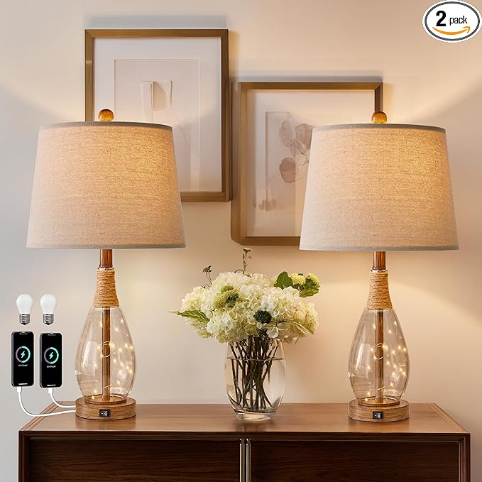 OYEARS Wood-Like Bedside Table Lamps Set of 2 with USB, Farmhouse Nightstand Lamps for Bedroom, Retro Rattan Table Lamps for Night Stands, Living Room, Boho Table Lamp with Glass Nightlight