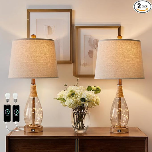 OYEARS Wood-Like Bedside Table Lamps Set of 2 with USB, Farmhouse Nightstand Lamps for Bedroom, Retro Rattan Table Lamps for Night Stands, Living Room, Boho Table Lamp with Glass Nightlight