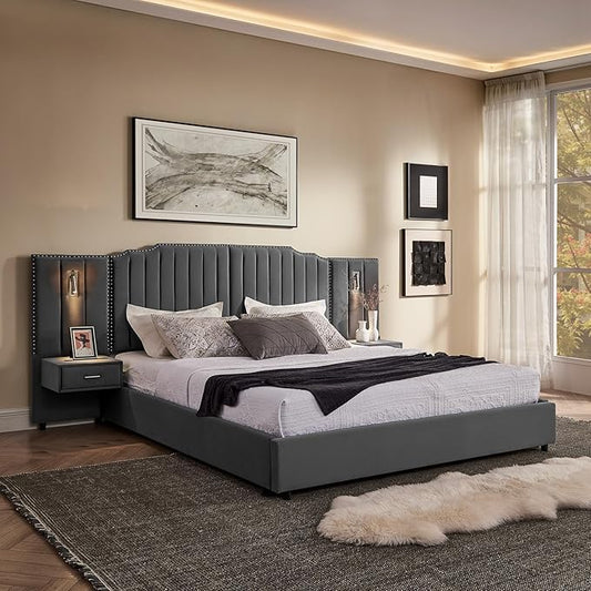 King Size Bed Frame with Storage, Luxury King Platform Bed Frame with Headboard, Velvet Fabric Upholstered Bedframe with LED Lights, Solid Frame & Bedside Table, No Box Spring Needed, Gray
