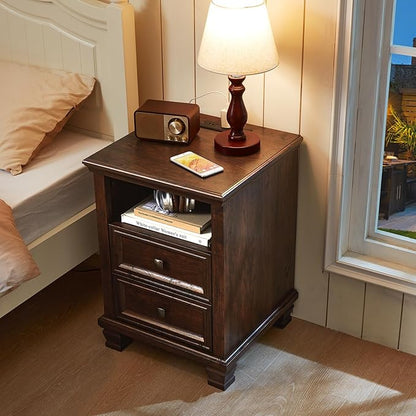 SAVOR LIFE Farmhouse Nightstand Set of 2 with Charging Station, Rustic Brown Nightstand, 2 Drawers End Table, Bedside Table with Open Shelf for Bedroom, Walnut