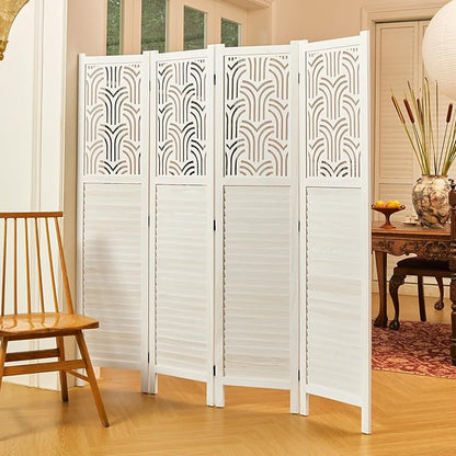 Svimi Folding Room Divider, 66.9 Inch 4 Panels Wood Carved Privacy Screens, Free Assembled Freestanding Portable Separation Wall for Home Office Restaurant Bedroom (White)