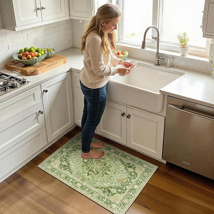 Area Rugs 2'x3' Washable Non-Slip, Floral Vintage Distress Print Pattern Medallion Carpet for Living Room Bedroom Dining Room, Sage Green Yellow