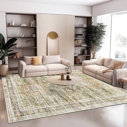 Washable Area Rug 8x10, Large Soft Rugs for Living Room Vintage 8x10 Area Rugs for Bedroom Dining Room Non-Slip Stain Resistant Under Table Green Orange Rug