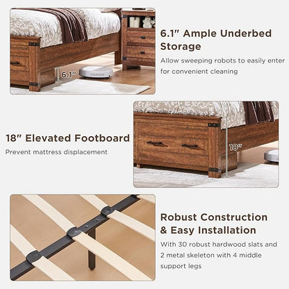 T4TREAM Farmhouse King Size Bed Frame with 54" Tall Geometric Headboard & 2 Large Storage Drawers, Rustic Wood Platform Bed with Wood Slats Support, No Box Spring Needed, Reclaimed Barnwood