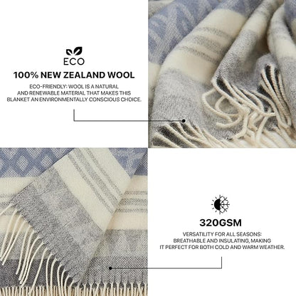 | Wool Blanket/Throw | 100% New Zealand Wool | Perfect for Home and Outdoors | Virgin Wool Throw with Fringes 75"x87" (190 x 220 cm)