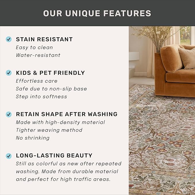 Vintage 4x6 Entryway Rug, Washable Area Rugs for Mudroom, Bedside Rugs Bedroom, Large Kitchen,Living Room, Office, Dorm, Non-Slip Low Pile Soft Stain Resistant Carpet Floral Moss Green Taupe Decor
