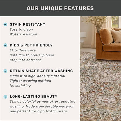 Dining Room Rugs for Under Table - 6x8 Washable Moss Green Area Rug for Living Room, Low Pile Non-Slip Floor Carpet for Bedroom - Vintage Olive Taupe Design & Stain Resistance