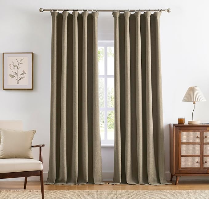 Vision Home Brown Linen Full Blackout Curtains for Bedroom Living Room Darkening Soundproof Window Curtains 102 inch Thermal Insulated Rod Pocket Back Tab Linen Drapes 2 Panels 56" Wx102 L