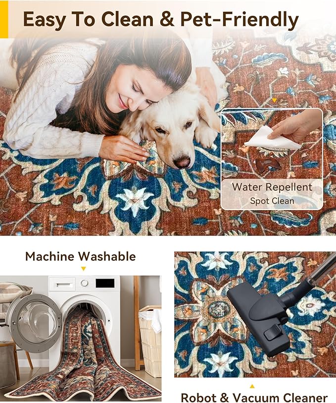 Area Rugs 2'x3' Washable Non-Slip, Floral Vintage Distress Print Pattern Medallion Carpet for Living Room Bedroom Dining Room, Red Orange Blue Brown