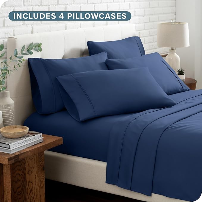 Bare Home Hotel Luxury King Sheet Set, Extra Soft - 6 Piece Set - Deep Pockets - Easy Fit - Cooling & Breathable - Wrinkle, Fade, Stain Resistant - Includes 4 Pillowcases (King, Dark Blue)