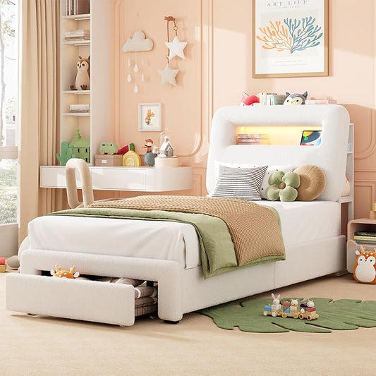 Twin LED Bed Frame with Storage Headboard & Charging Station, Kids Bed Frames with Bookcase, Teddy Fleece Upholstered Platform Bed Frames with 1 Storage Drawer, No Box Spring Needed, Beige