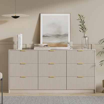 Beige Dresser for Bedroom, Modern Dresser with 9 Drawers and Smooth Slides, Wide Chest of Drawers with Golden Handles for Bedroom, Living Room, Closet, 15.7" D x 63" W x 31.5" H