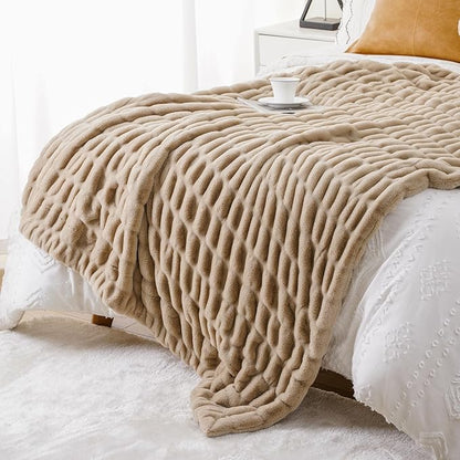 BATTILO HOME Luxury Faux Fur Throw Blanket for Couch, Cozy Plush Soft Blanket for Women, Double Side Ruched Rabbit Fur Blanket for Living Room, 50x60 Inches