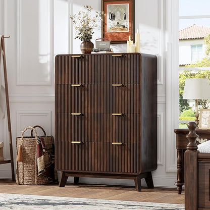 QUW Fluted Dresser for Bedroom with 5 Drawers, Modern 40.2" Tall Drawer Dressers with Metal Handle, Wooden Chest of Dresser for Living Room, Hallway, Dark Walnut