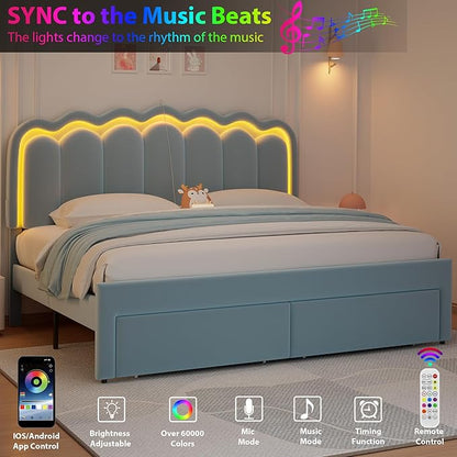 Velvet Upholstered King LED Bed Frame with 2 Storage Drawers and Adjustable Chic Double Wavy Headboard, Princess Platform Bed with Charing Station, Solid Wood Slats Support,No Box Spring Needed,Blue